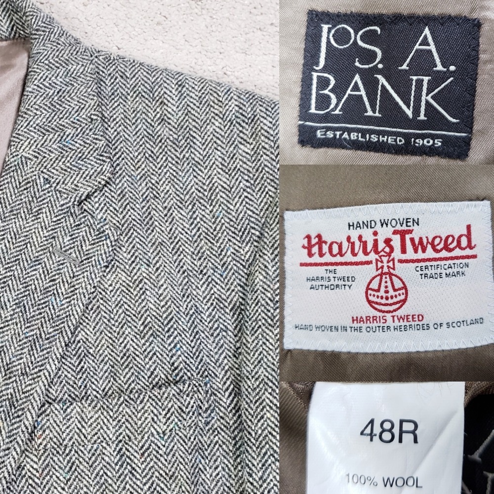 Harris Tweed x Jos A Bank Blazer Men 48R Gray Fleck Herringbone Wool Jacket Coat